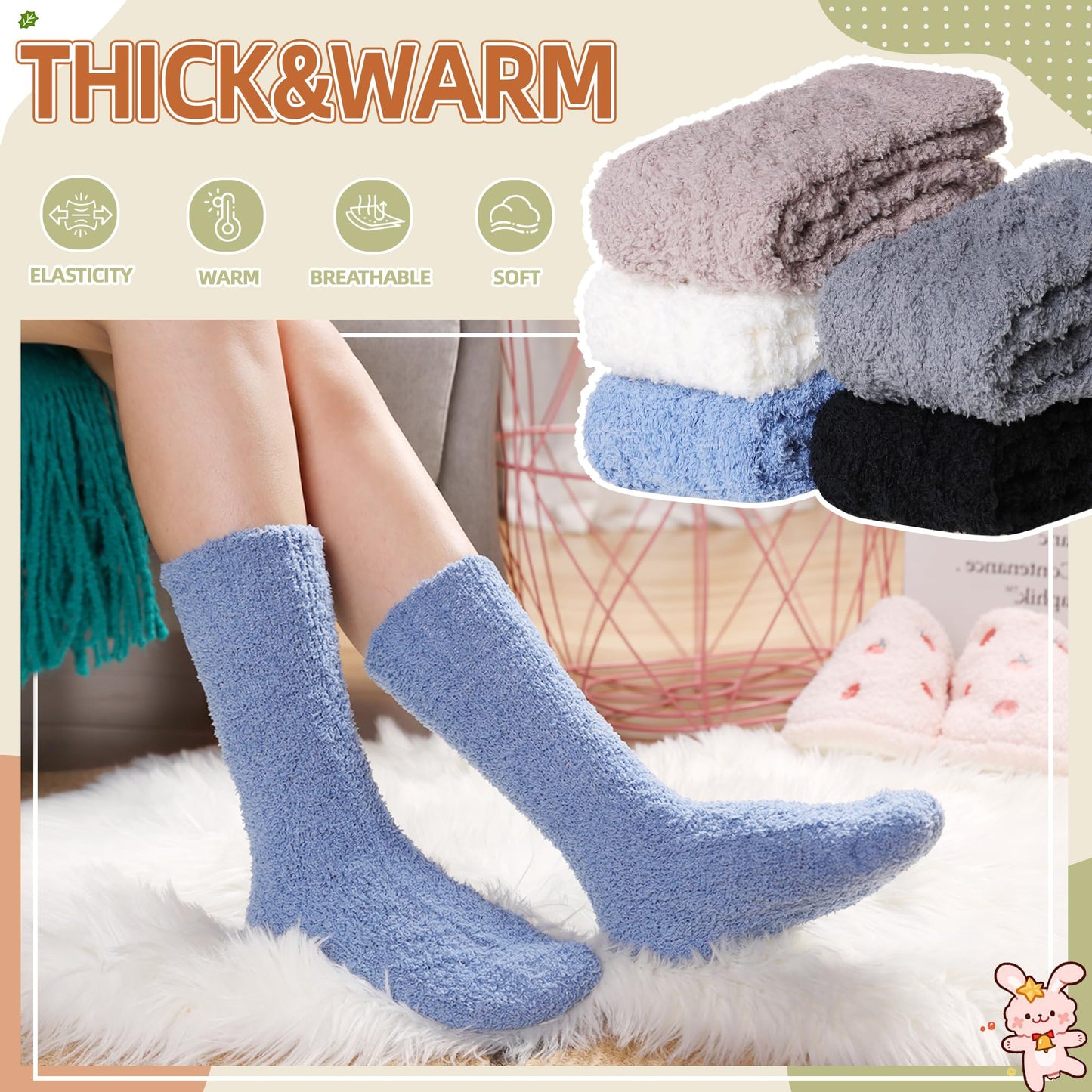 Velice Womens Fuzzy Socks Soft Cozy Fluffy Slipper Socks Winter Warm Plush Sleeping Christmas Socks 5 Pairs(Black/Grey/Blue)