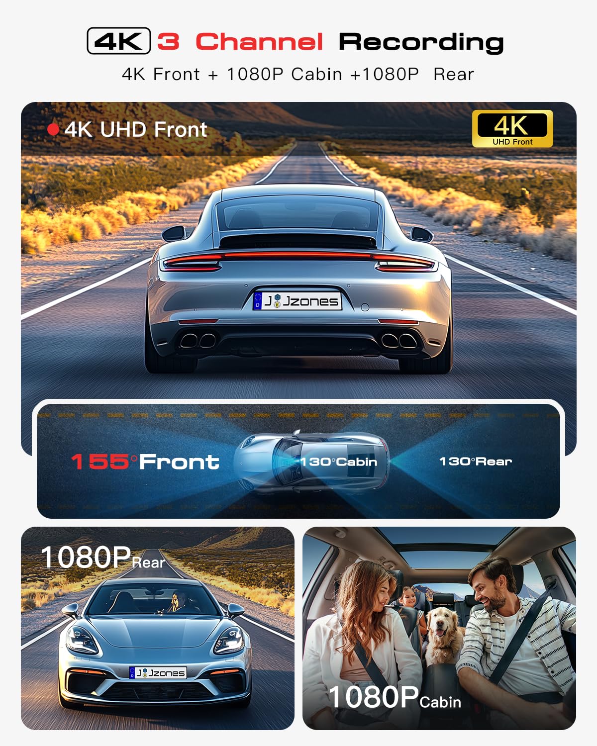 Dash Cam Front and Rear: 4K+1080P+1080P 3 Channel Dash Camera for Cars, STARVIS 2 Sensor Dash Camera with HDR Night Vision, 24H Parking Mode Car Camera with GPS, Free 64GB Card