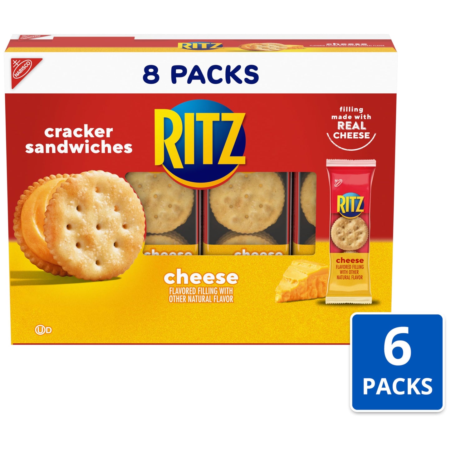 RITZ Cheese Sandwich Crackers, School Snacks, 48 Snack Packs (6 Boxes, 8 Crackers Per Pack)