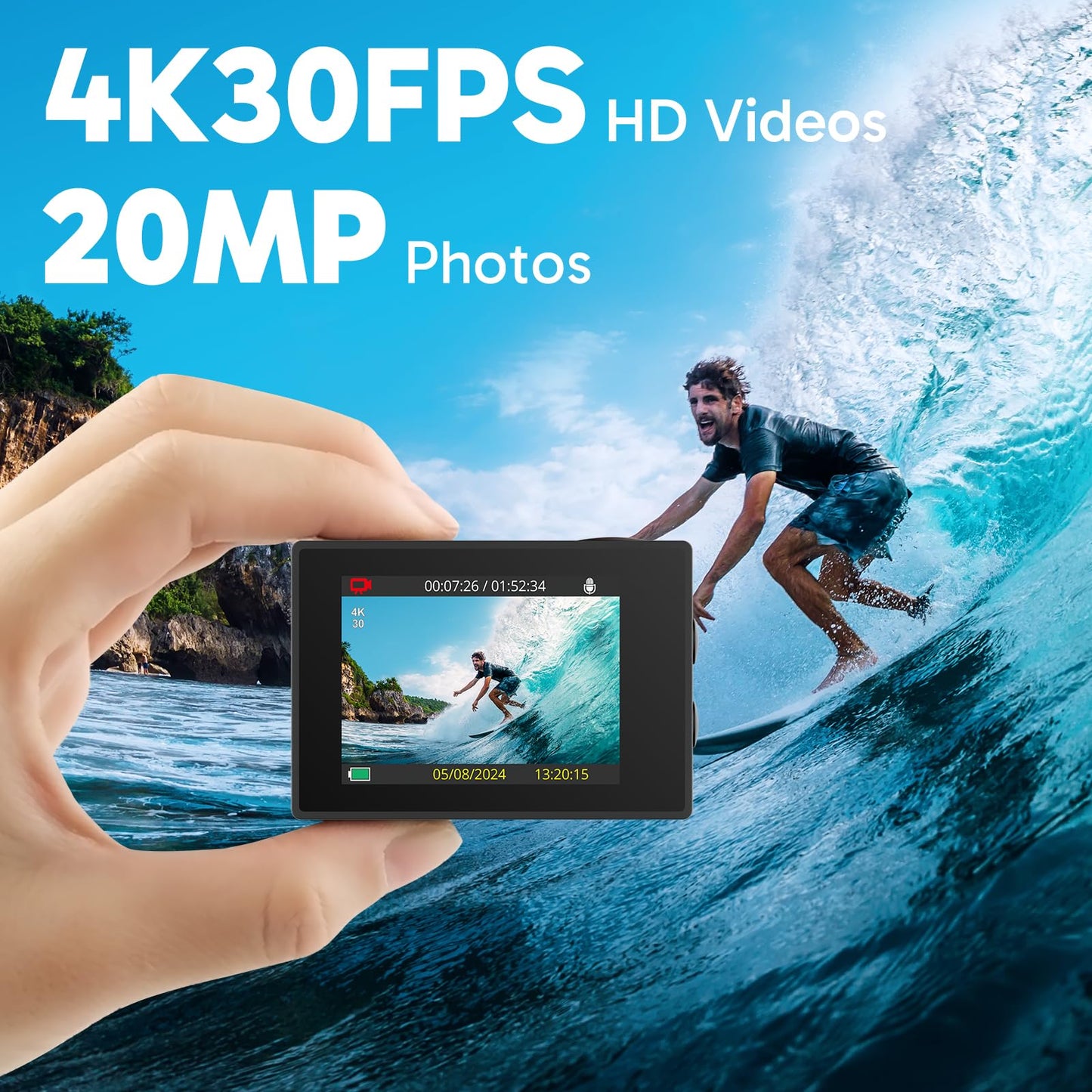AKASO EK7000 4K30FPS 20MP WiFi Action Camera with EIS Ultra HD 131FT Waterproof Underwater Camera Remote Control 4X Zoom Support External Microphone
