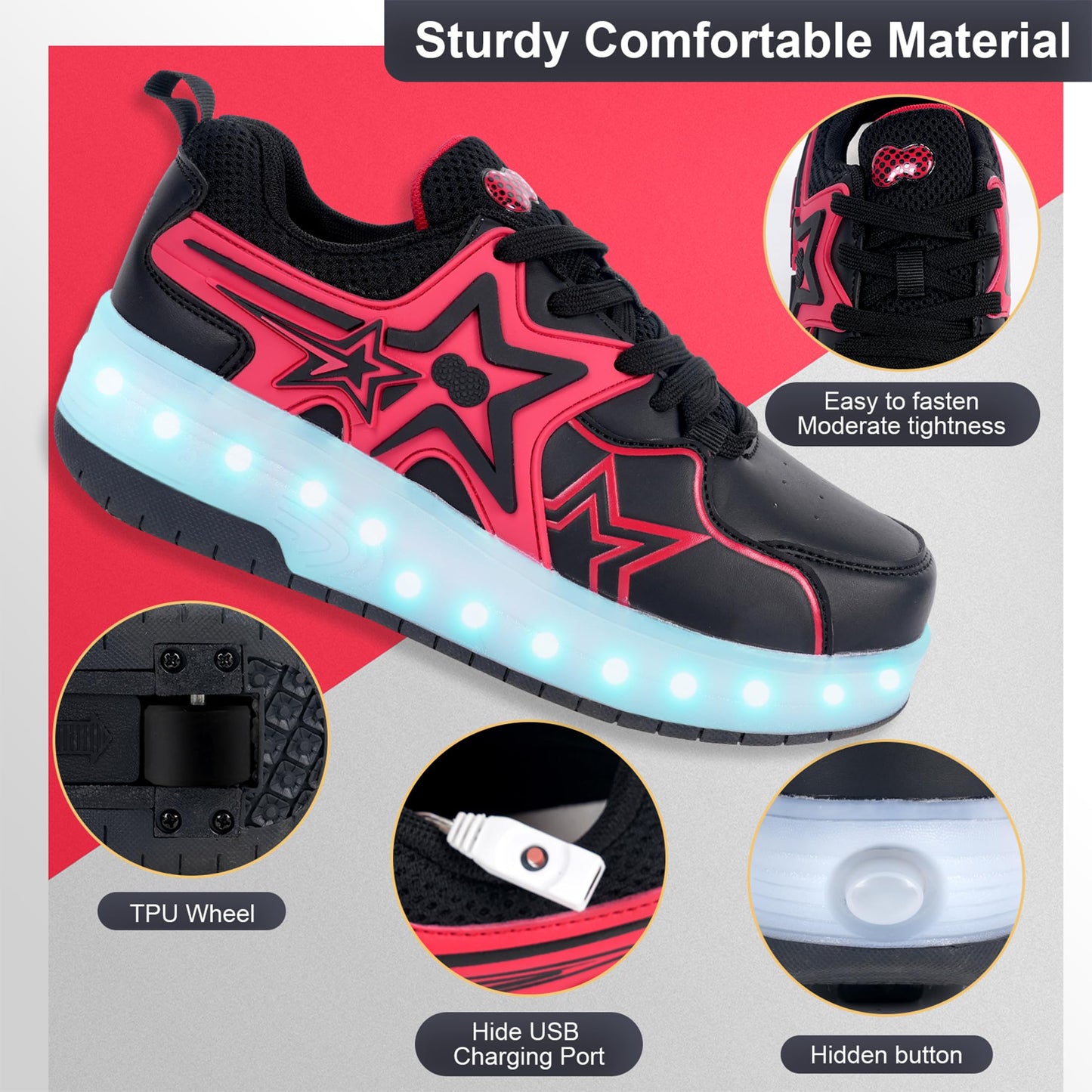Pairobin Roller Skates Shoes for Boys and Girls - 2-in-1 Skate Shoes and Sneakers for Kids Fun and Stylish Red