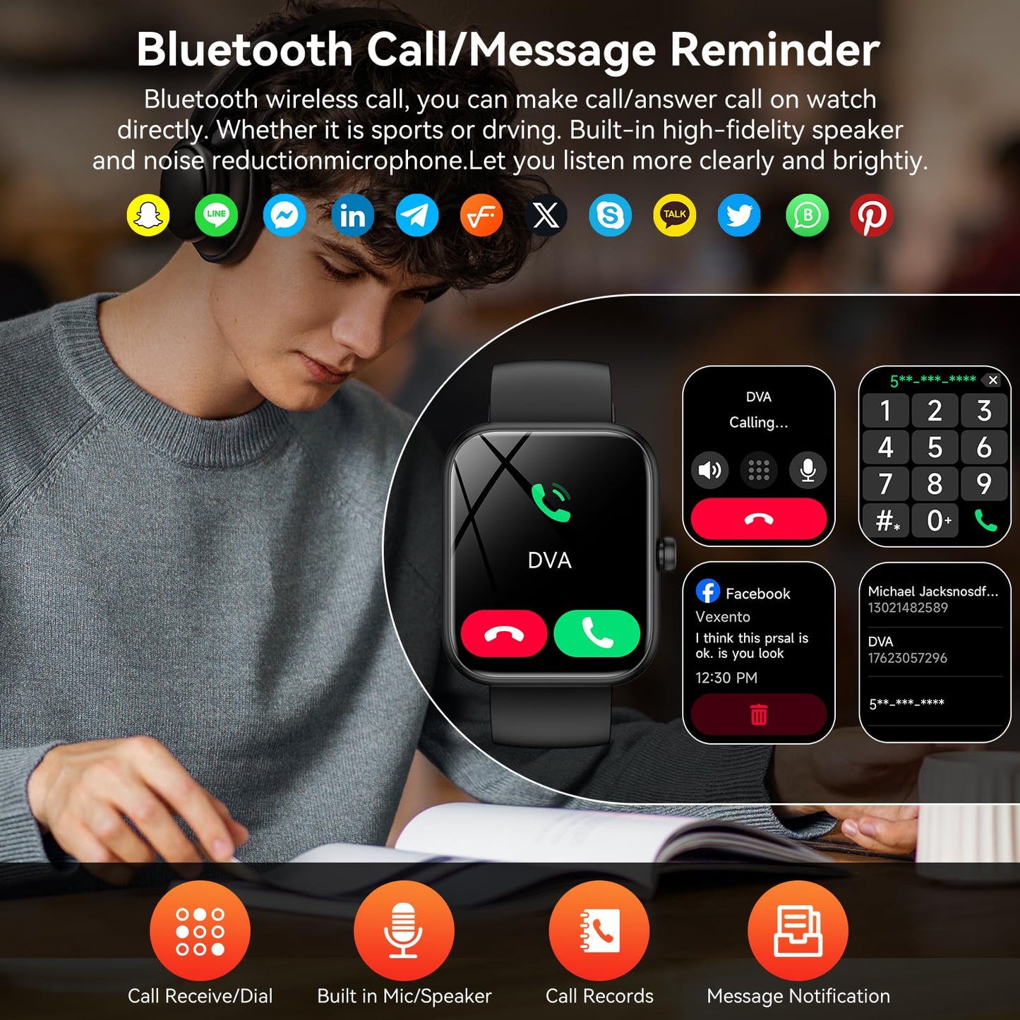 Smart Watch with Alexa Built-in, 1.83'' Touchscreen with Call Function, IP68 Waterproof Fitness Tracker, 100+ Sport Modes, Heart Rate & Sleep Monitor, Pedometer, iOS/Android Compatible (Black)