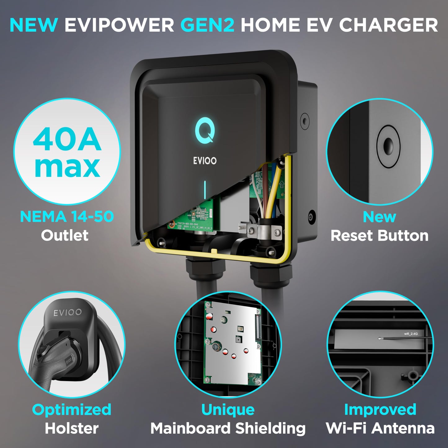 EVIQO Level 2 EV Charger 40 Amp - 9.6 kW 240V Wall Home EV Charger Level 2, NEMA 14-50 Plug, J1772 25' Cable - Enhanced Wi-Fi – UL, ETL Certified EVSE, Smart Electric Vehicle Charging Stations – GEN 2