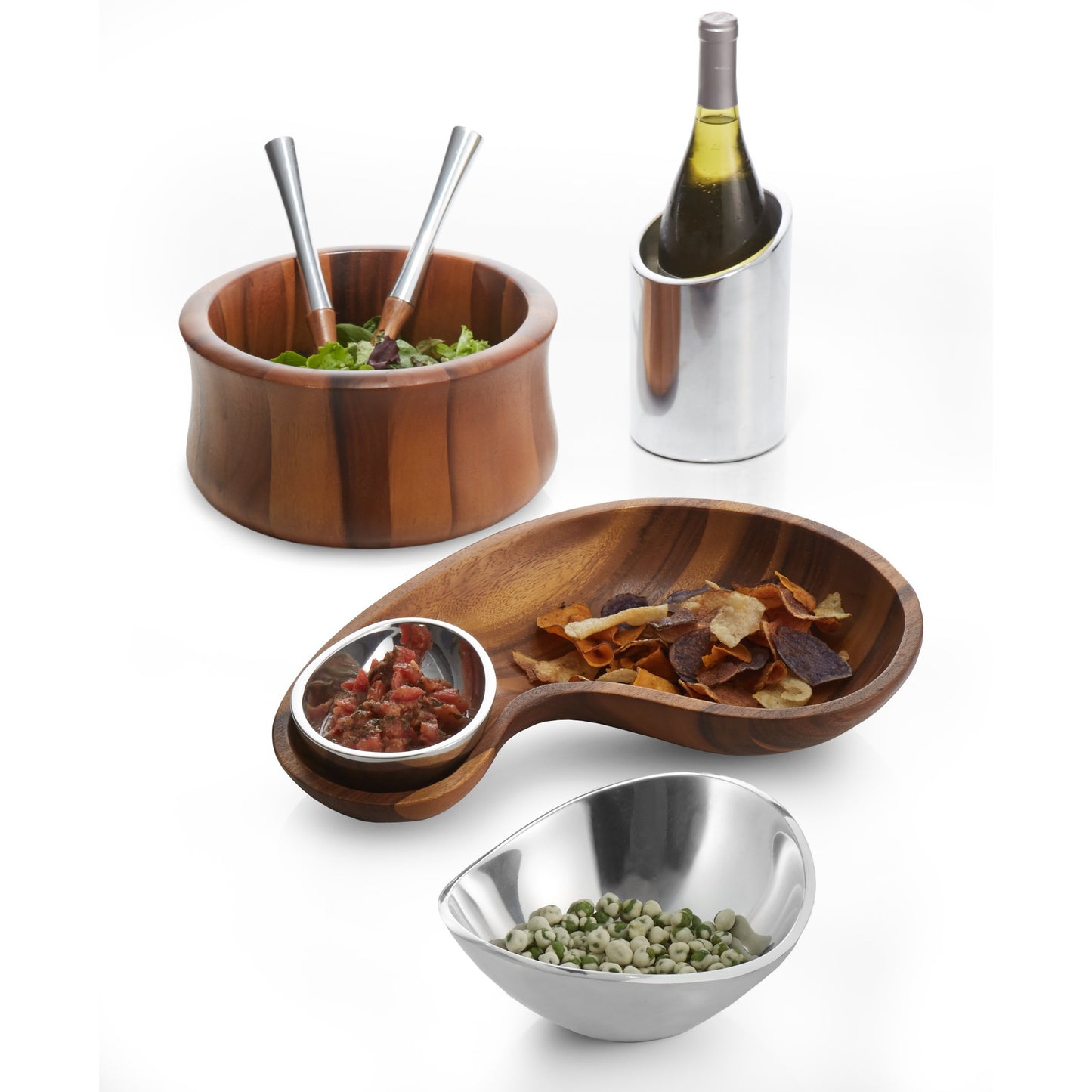 nambe Nara Salad Bowl with Servers | 3-Pc Set | Wooden Salad Bowls with Serving Utensils | Big Mixing Bowl for Fruits, Salad, Pasta | 10.5" Diameter x 5.5" Height | Made of Acacia Wood