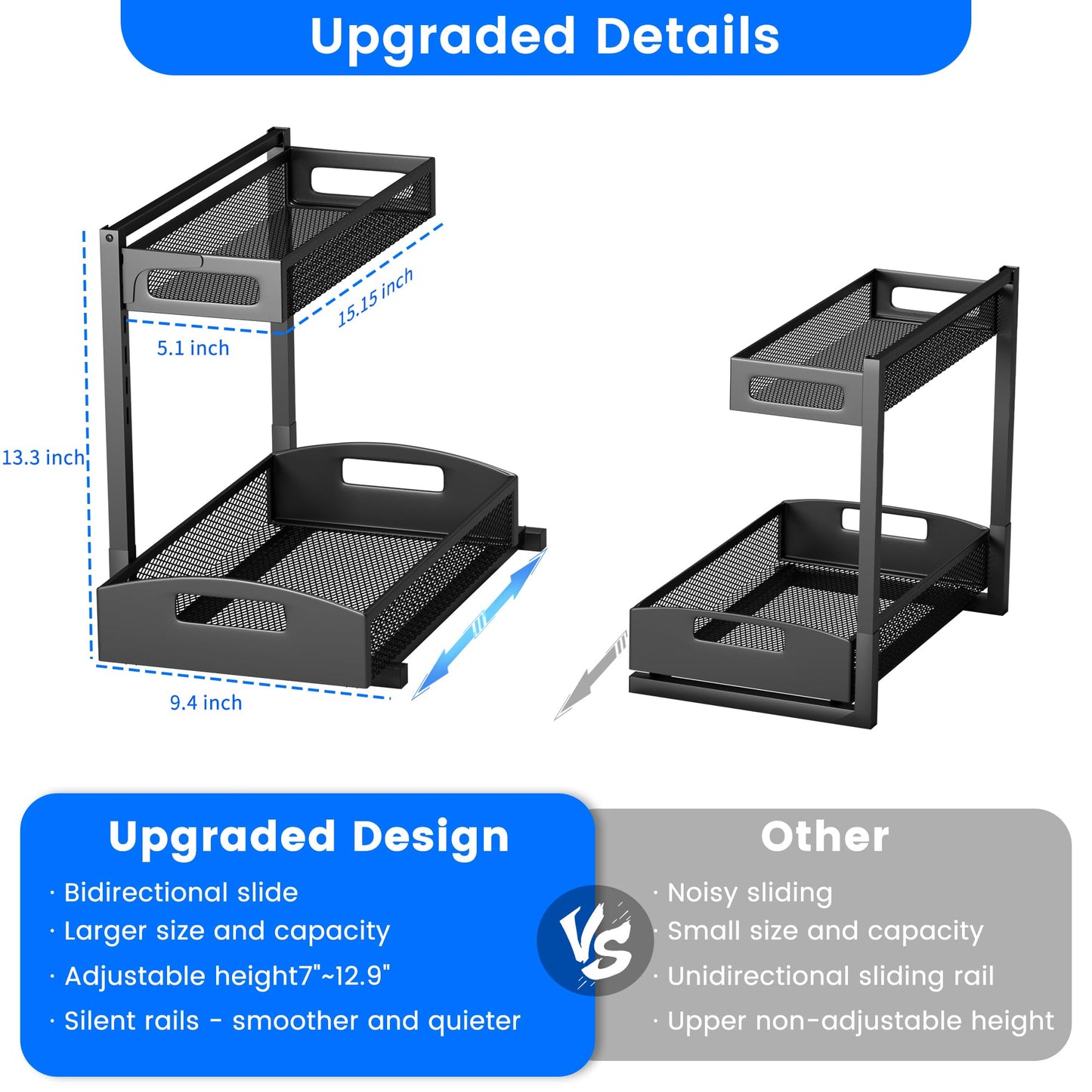 Under Sink Organizer,2 Pack Height Adjustable Under Sink Organizers and Storage, 2 Tier Under Sink Storage for Kitchen Bathroom Cabinet