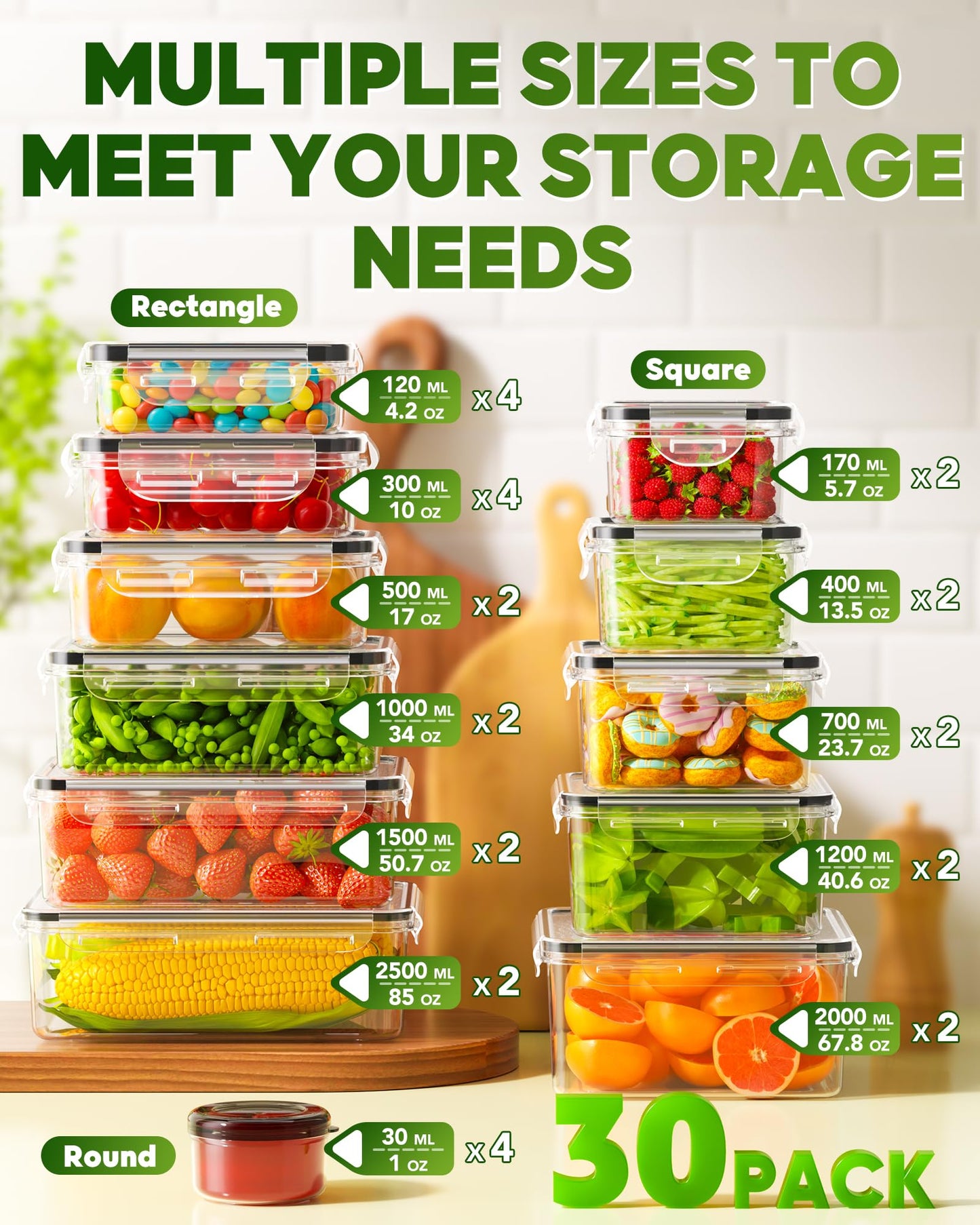 KEMETHY 60 PCS Food Storage Containers with Lids(30 Containers & 30 Lids), BPA-Free Plastic Food Containers for Kitchen Storage, Leak Proof, Reusable Meal Prep Containers with Labels & Pen