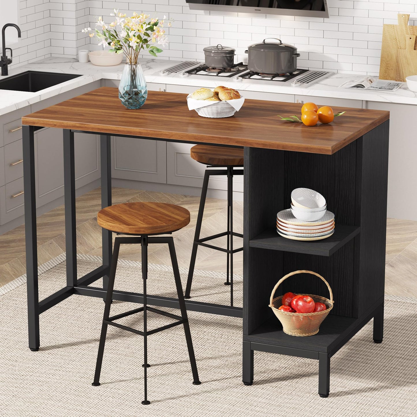 Tribesigns Kitchen Island, Kitchen Shelf Kitchen Bar Table with 5 Open Storage Shelves and Large Worktop, Industrial Butcher Block Island (Stools Not Included)