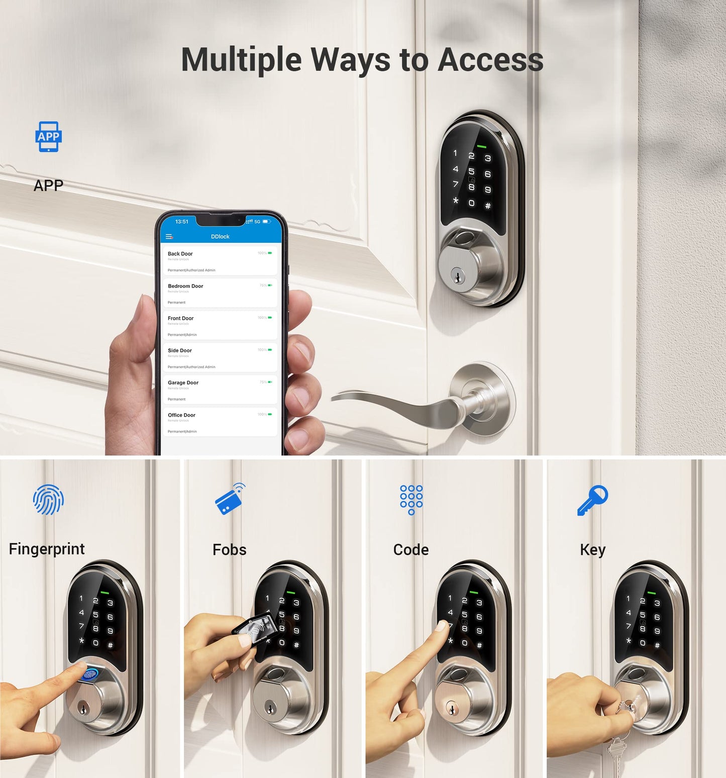 Veise Smart Lock, Fingerprint Door Lock, 7-in-1 Keyless Entry Door Lock with App Control, Electronic Touchscreen Keypad, Smart Deadbolt, Biometric Smart Locks for Front Door, Satin Nickel