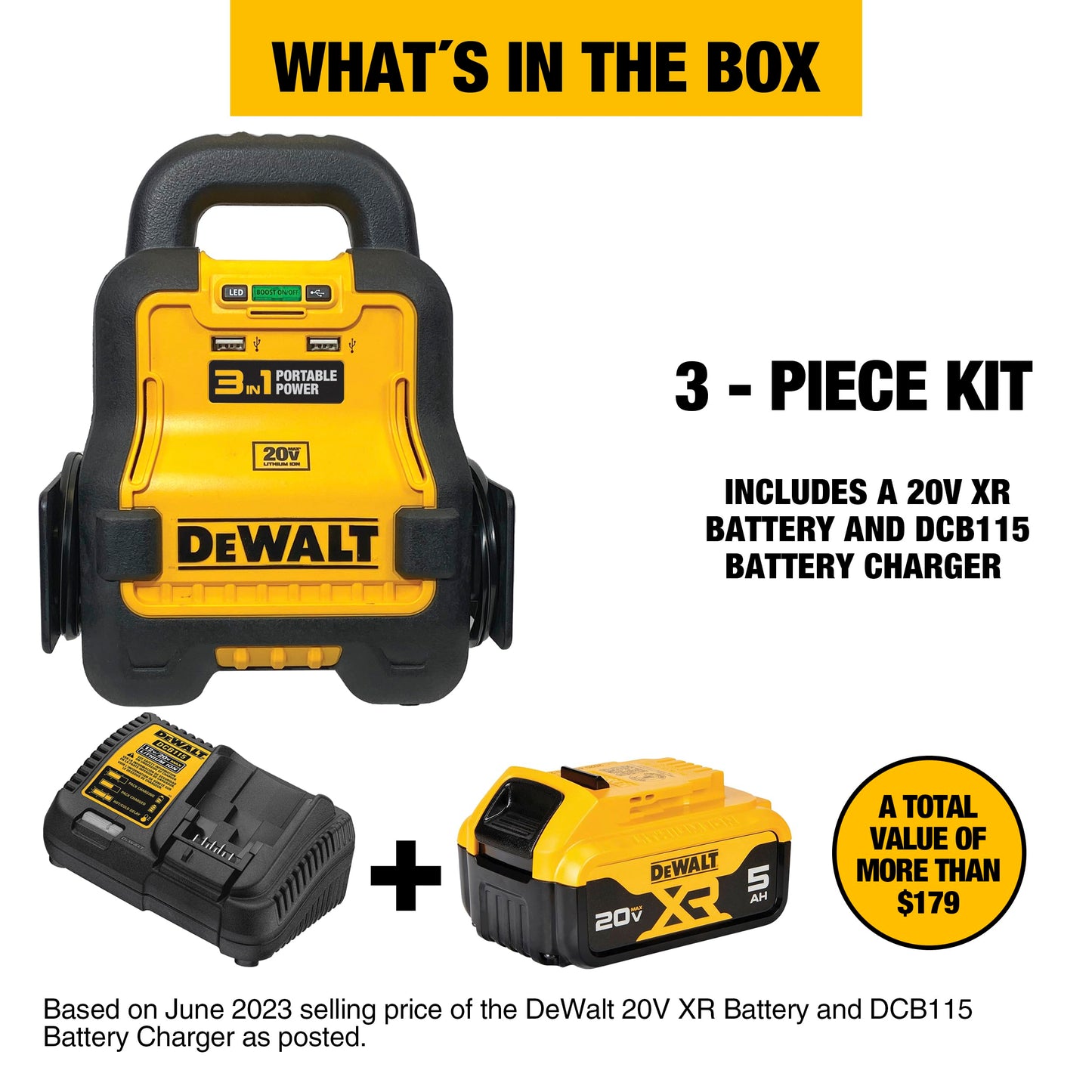 DeWalt DXAE20VBBK Battery Booster with 20V XR 5 AH Lithium-Ion Battery and DCB115 Battery Charger