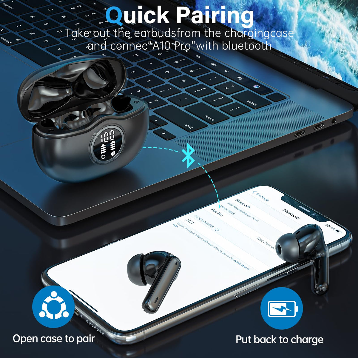 Sisism A10 Pro Wireless Earbuds, Bluetooth 5.3 Headphones HiFi Stereo 50H Playback LED Digital Display Ear Buds with ENC Noise Canceling Headset, IPX7 Waterproof Earphones for Gym/Running/Work - Black