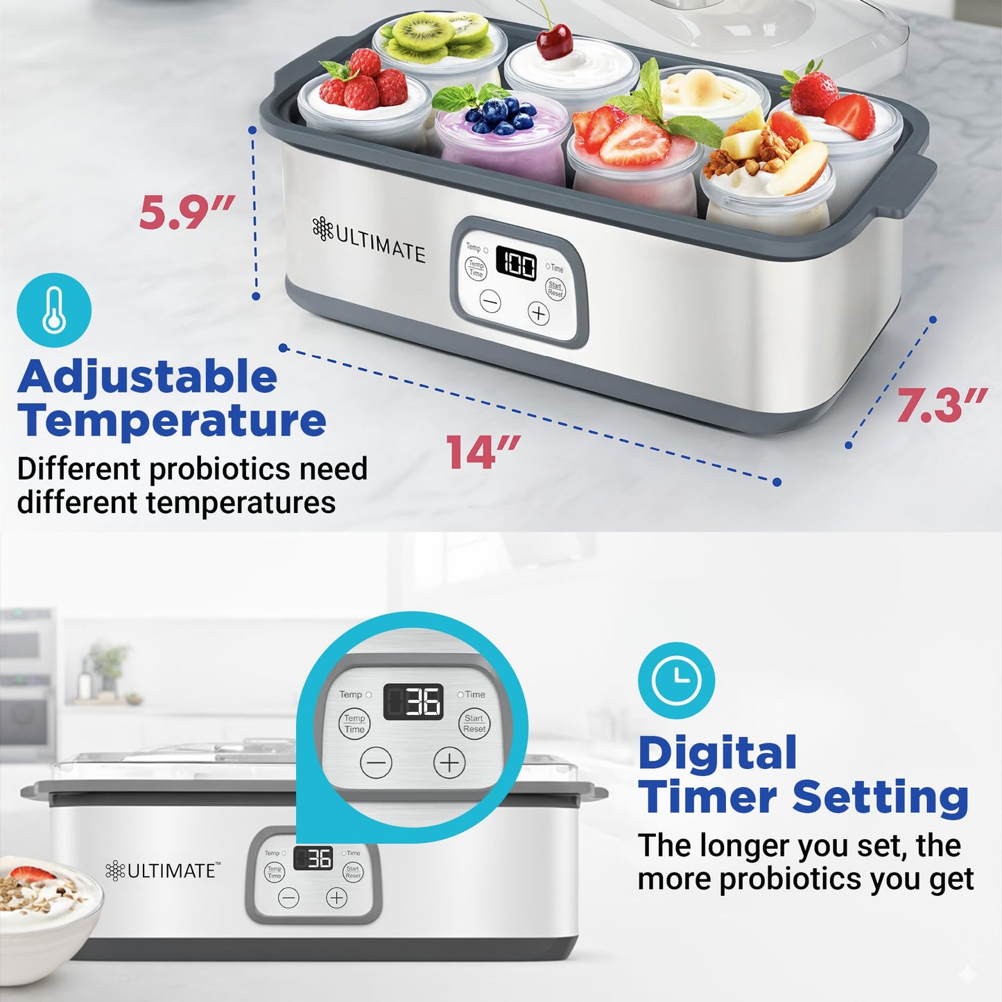 Ultimate Probiotic Yogurt Maker with Adjustable Temperature & Time Control - Make Trillions of Live Probiotics & Get Better Gut Health - ULTIMATE LIFETIME WARRANTY - Wellness Gifts for Men & Women