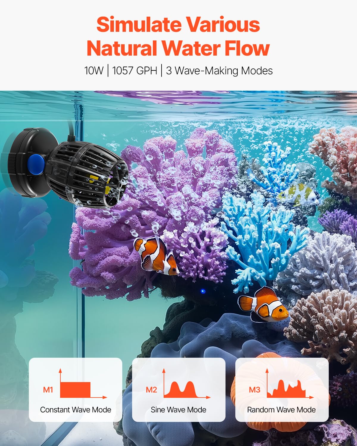 VEVOR Aquarium Wave Maker, 10W, 1057 GPH Quiet and Strong DC Powerhead, Adjustable Fish Tank Circulation Pump with Controller, Strong Magnetic Base, 360° Rotating Wavemaker, for Freshwater Saltwater
