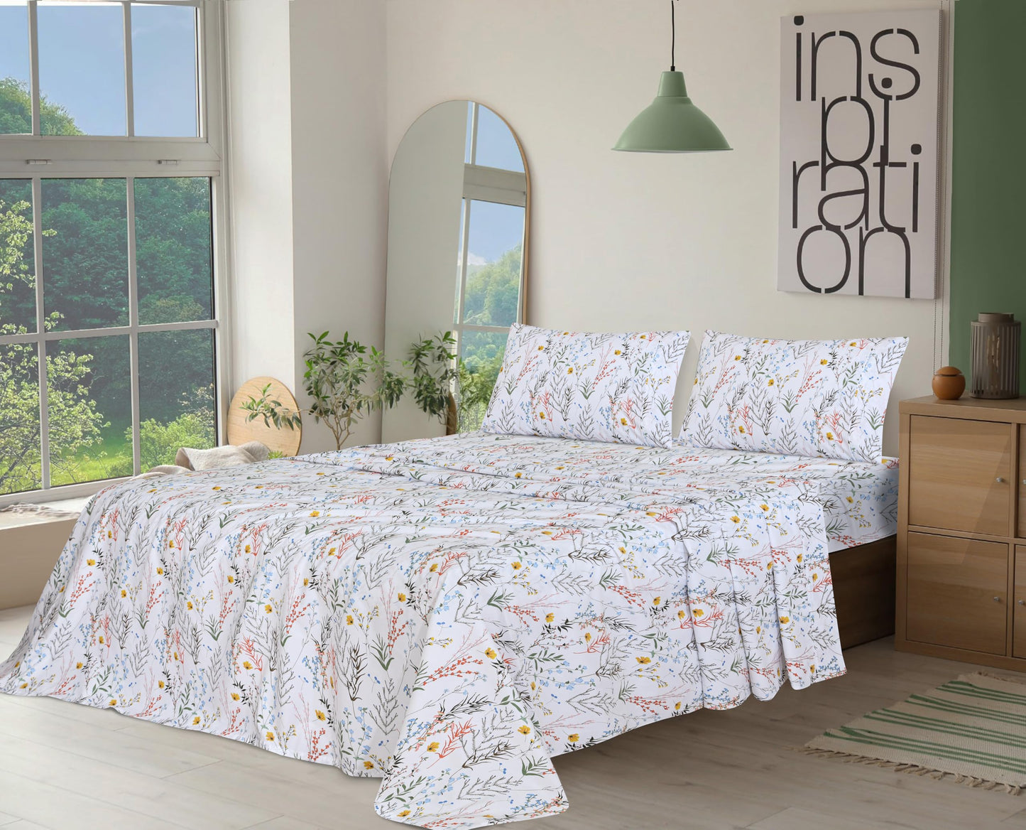 RUVANTI 100% Cotton Sheets – Queen Size Percale Bedding, Cooling & Breathable Floral Design, Durable with a Crisp, Soft & Comfortable Feel, 16" Deep Pocket, 4-Piece Set, Aroma