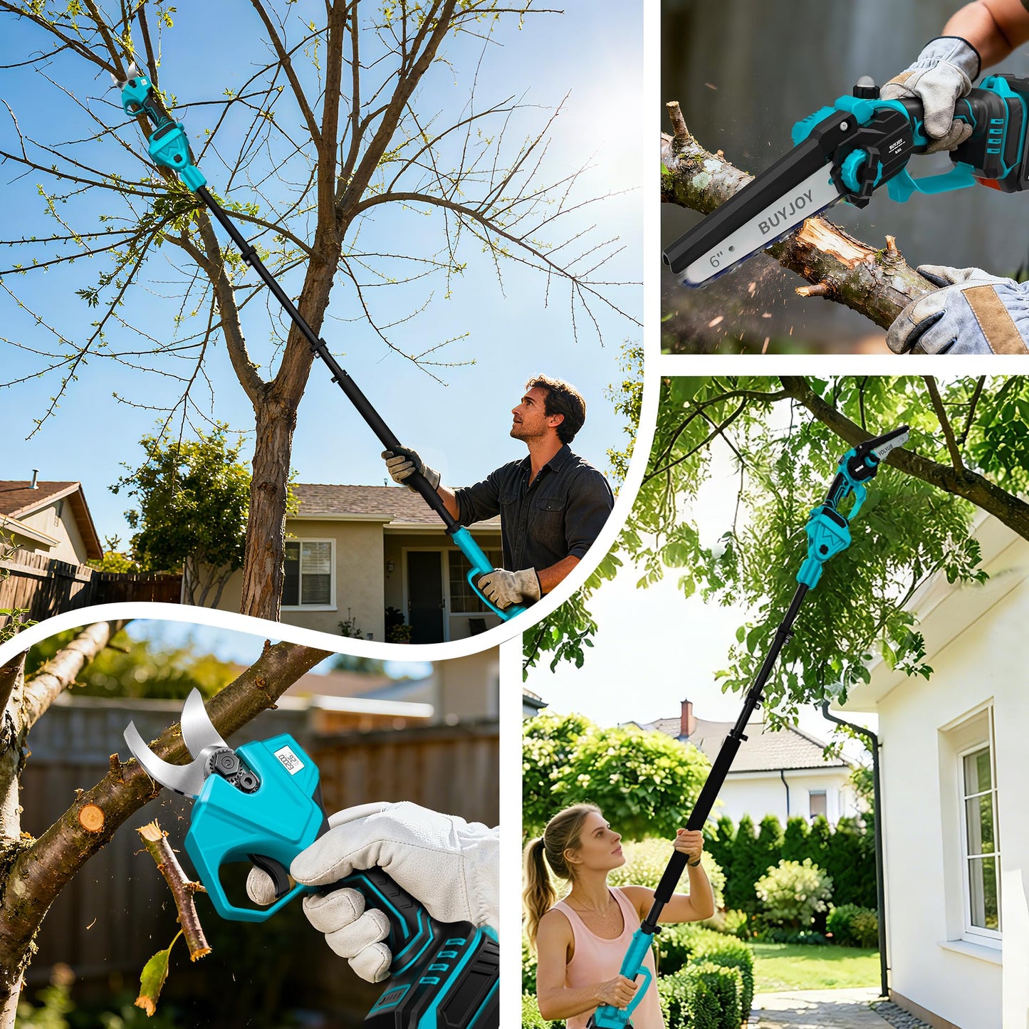 4-in-1 Pole Saw & Electric Pruning Shears, 6 Inch Pole Saws for Tree Trimming, Cordless Pruning Shears with 15.5ft Max Extension Pole, 2 x 4.0Ah Battery Powered Pole Saw Pruner for Garden (Blue)