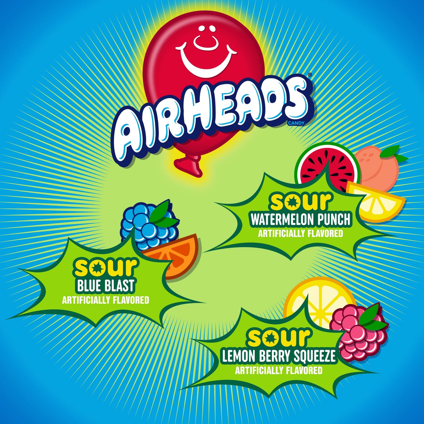 Airheads Sour Full-Size Candy Bars, Taffy Candy Variety Bulk Box, Individually Wrapped Candy, Three Assorted Flavors, 60 Count Box
