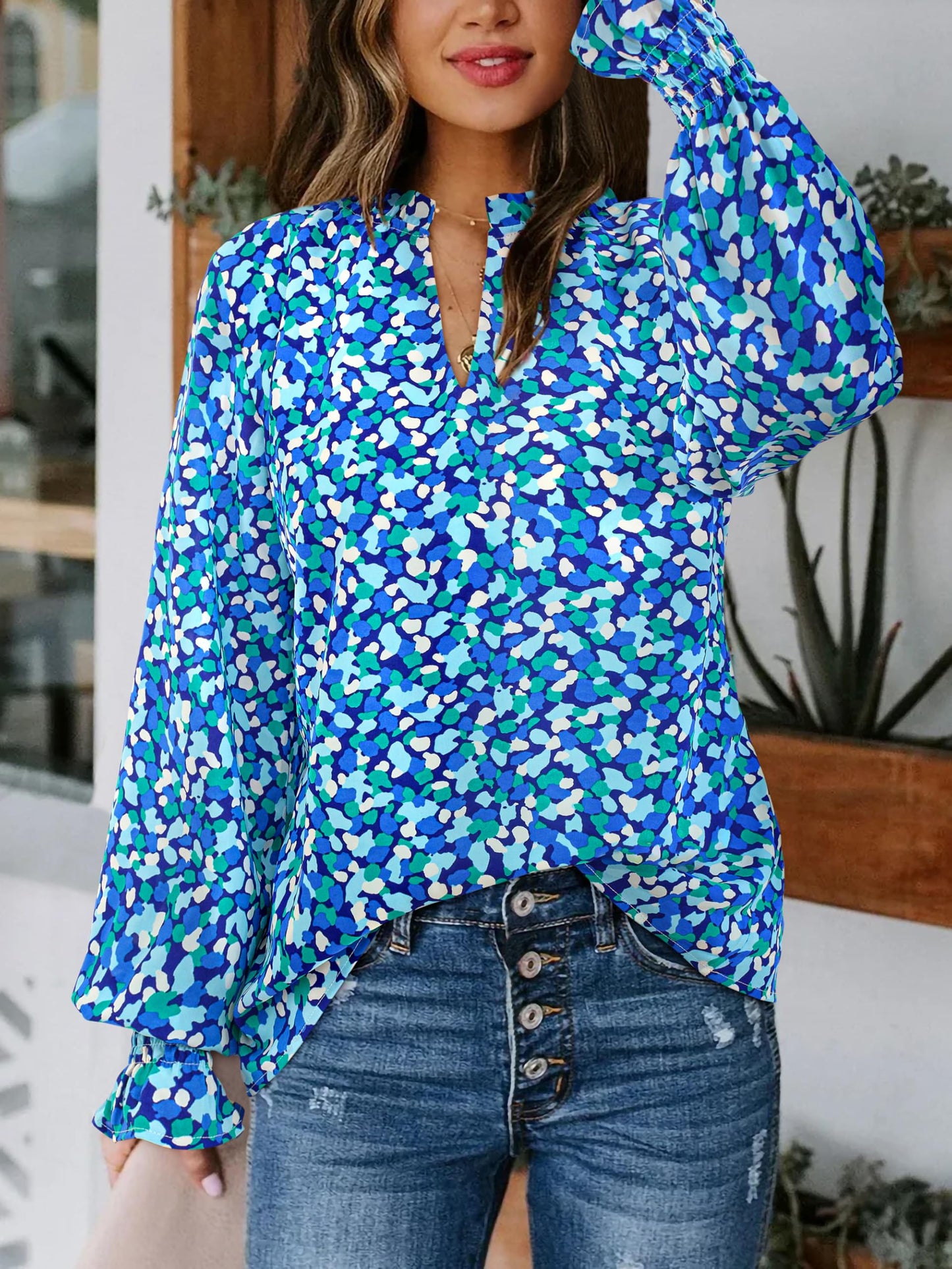 MASCOMODA Womens V Neck Floral Long Sleeve Tops 2024 Summer Casual Loose Puff Sleeve Chiffon Boho Work Blouse Dressy T Shirts(Blue,Small)