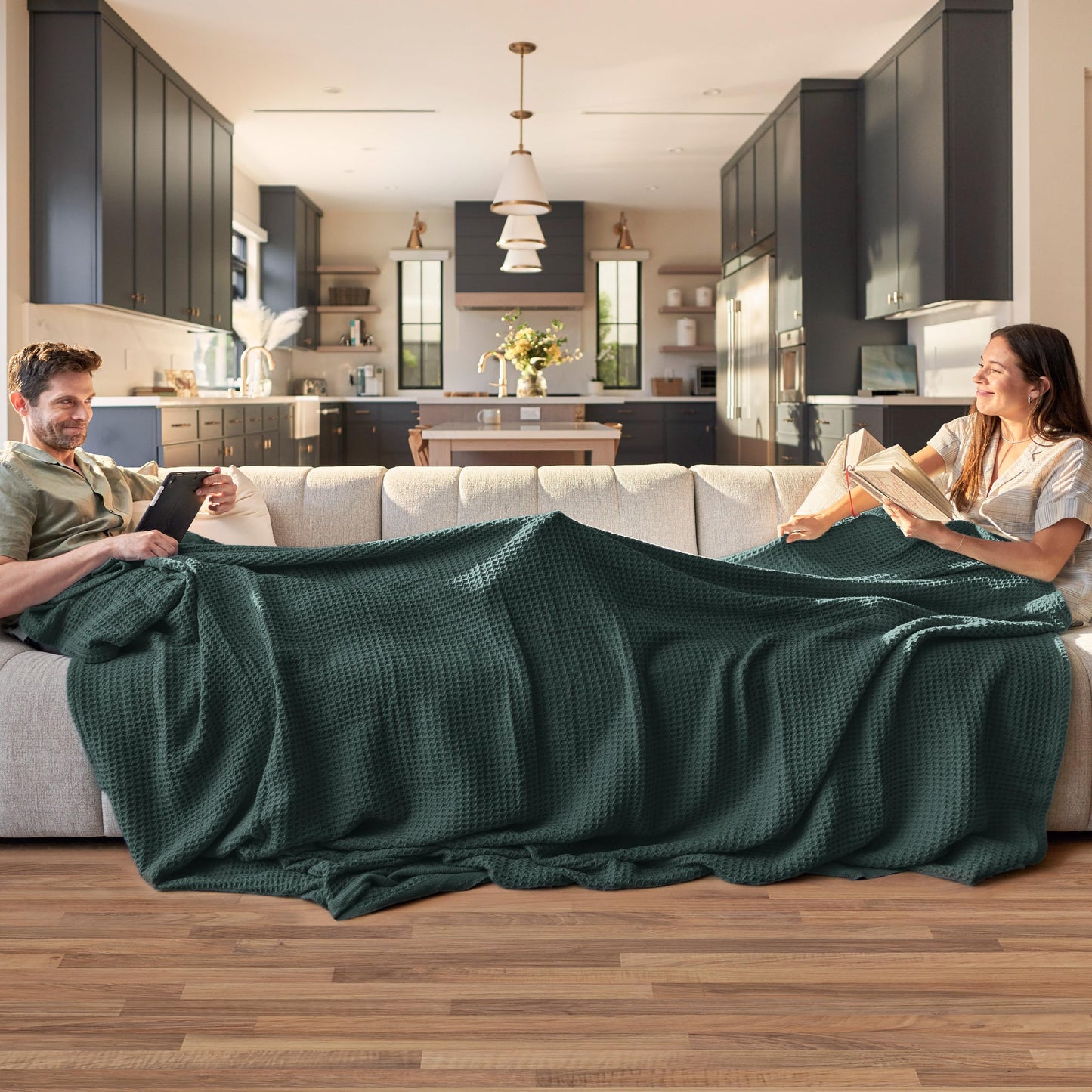 Bedsure 100% Cotton Blanket King Size for Bed - Breathable and Soft, Waffle Weave Blanket for Summer Spring, Dark Green, 104x90 inches