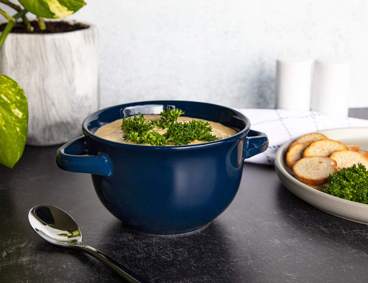 KooK French Onion Soup Bowls, Crocks, Oven Safe Bowls, Soup Mugs, Ceramic Bowls, Dishwasher, Microwave, Set of 4, 18 oz (Blue)