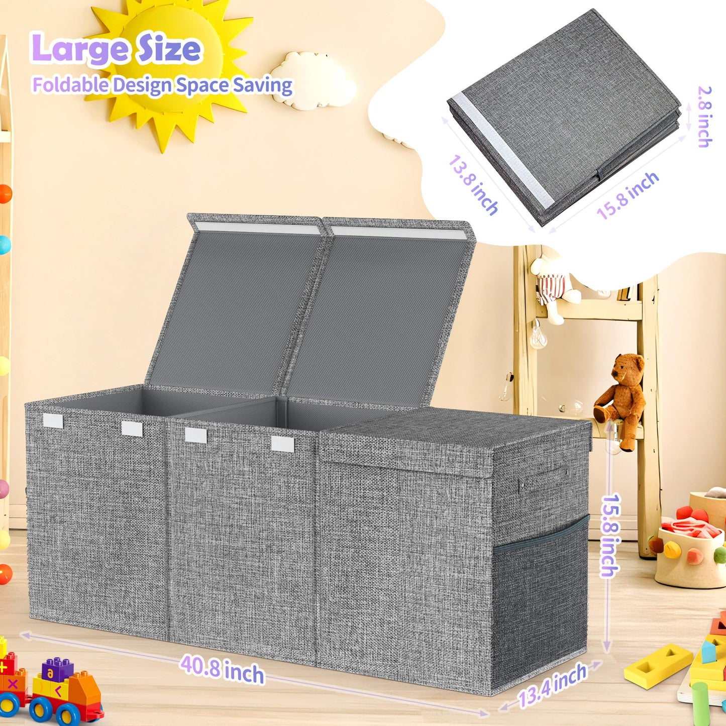 Mabahoo Extra Large Toy Box Chest with Lids, Collapsible Sturdy Kids Toy Storage Organizer Boxes for Boys Girls, 40"x14"x16", Toybox Storage Bins Basket for Living Room, Bedroom, Nursery, Gray