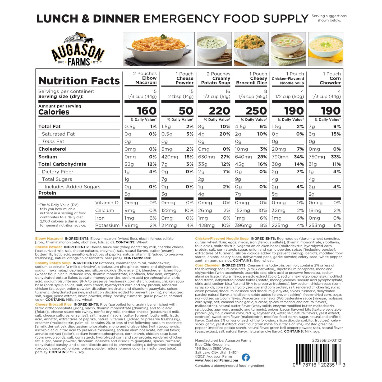 Augason Farms Lunch and Dinner Variety Pail Emergency Food Supply 4-Gallon Pail