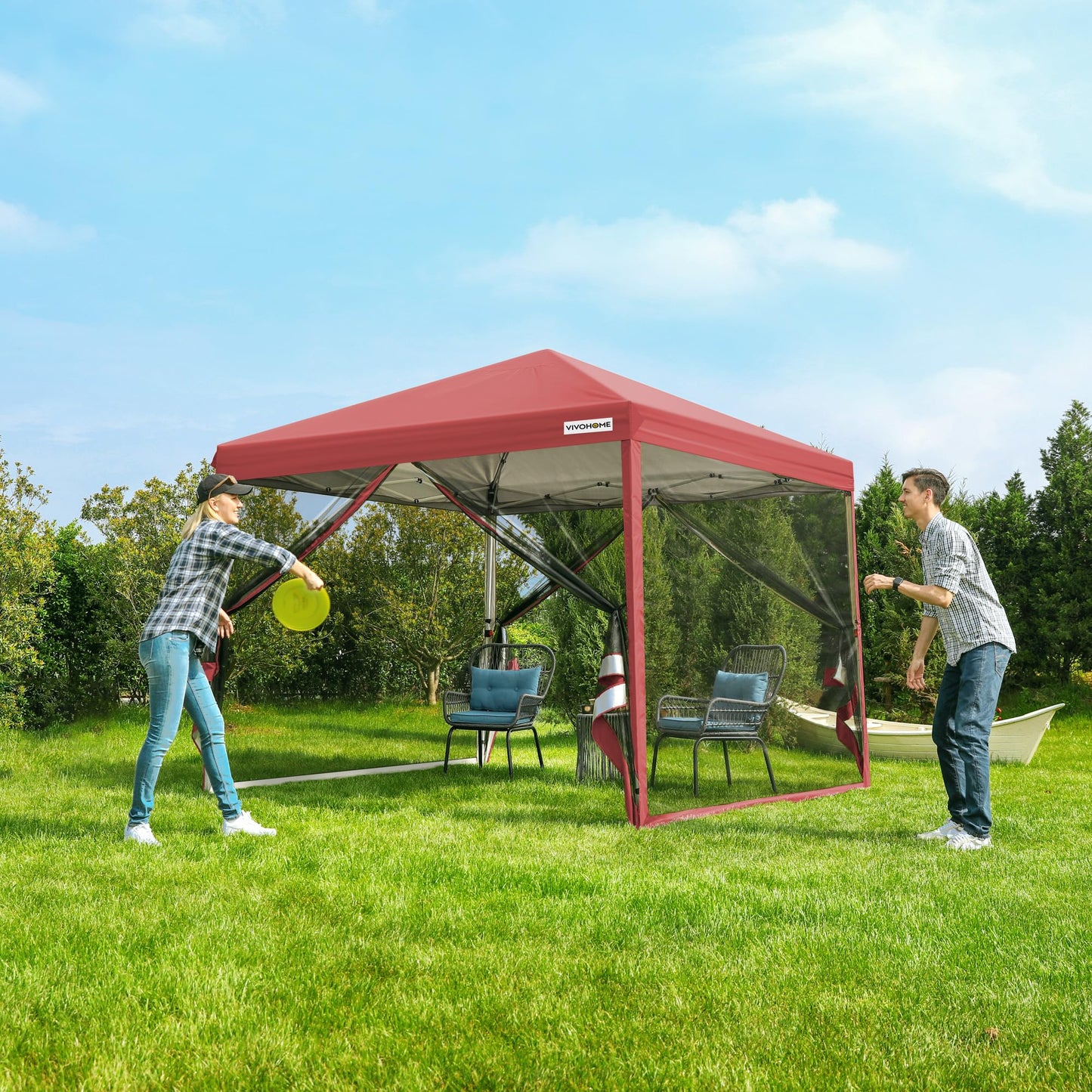 VIVOHOME 10x10ft Easy Pop-Up Screen Tent, Outdoor Canopy Tent with Mosquito Netting, 2 Zipper Doors, and Roller Bag for Yard Camping Picnic Party Events, Red