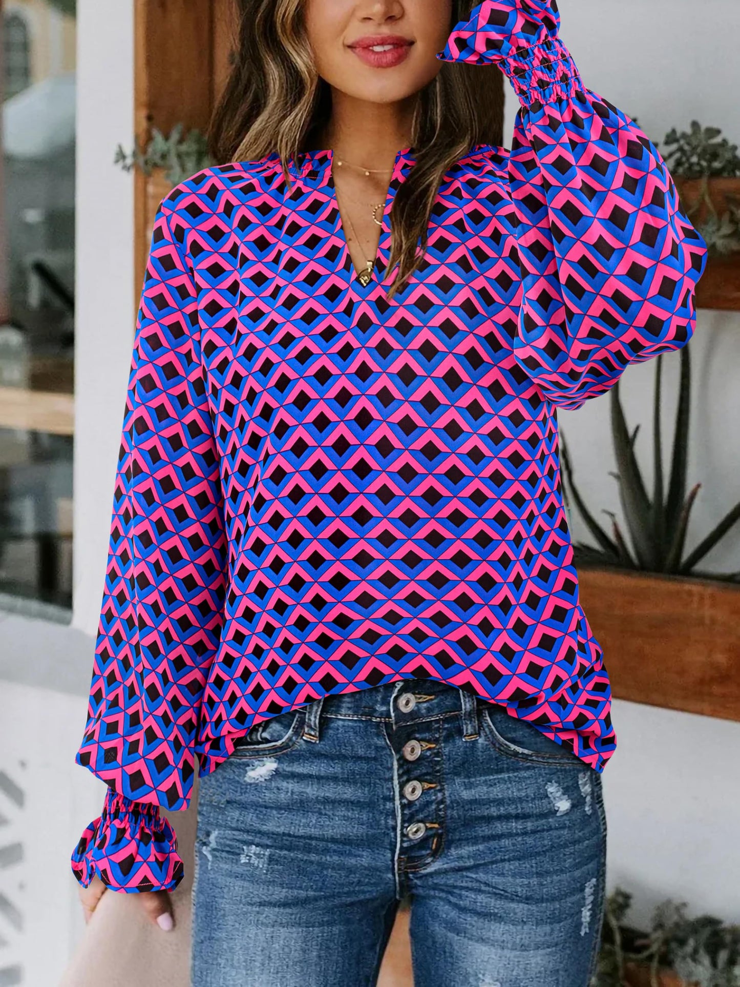 MASCOMODA Womens V Neck Floral Long Sleeve Tops 2024 Summer Casual Loose Puff Sleeve Chiffon Boho Work Blouse Dressy T Shirts(Plaid Blue Pink,X-Large)