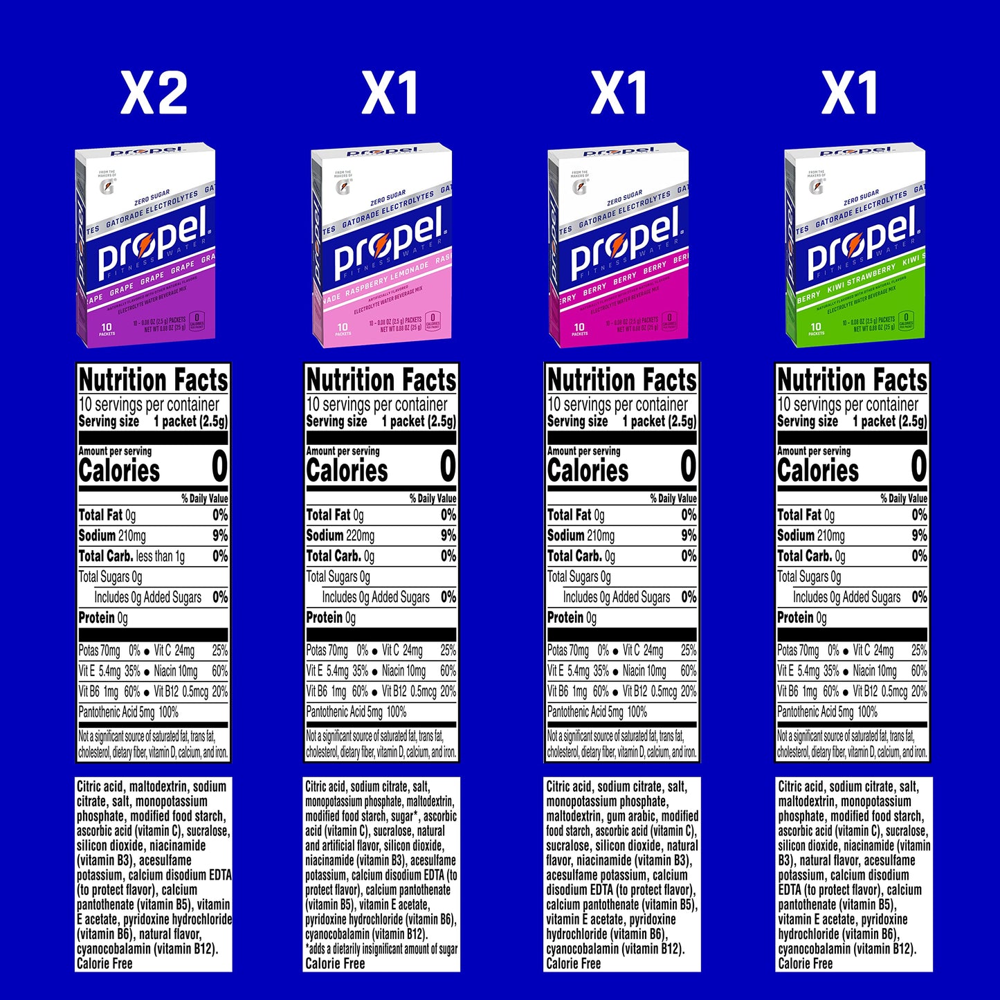 Propel Powder Packets 4 Flavor Variety Pack With Electrolytes, Vitamins and No Sugar 10 Count (Pack of 5) (Packaging May Vary)