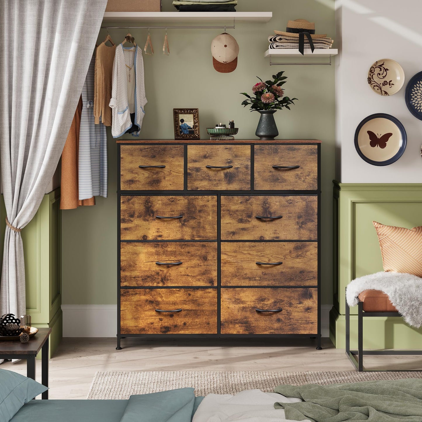 WLIVE 9-Drawer Dresser, Fabric Storage Tower for Bedroom, Hallway, Closet, Tall Chest Organizer Unit with Fabric Bins, Steel Frame, Wood Top, Easy Pull Handle, Rustic Brown Wood Grain Print