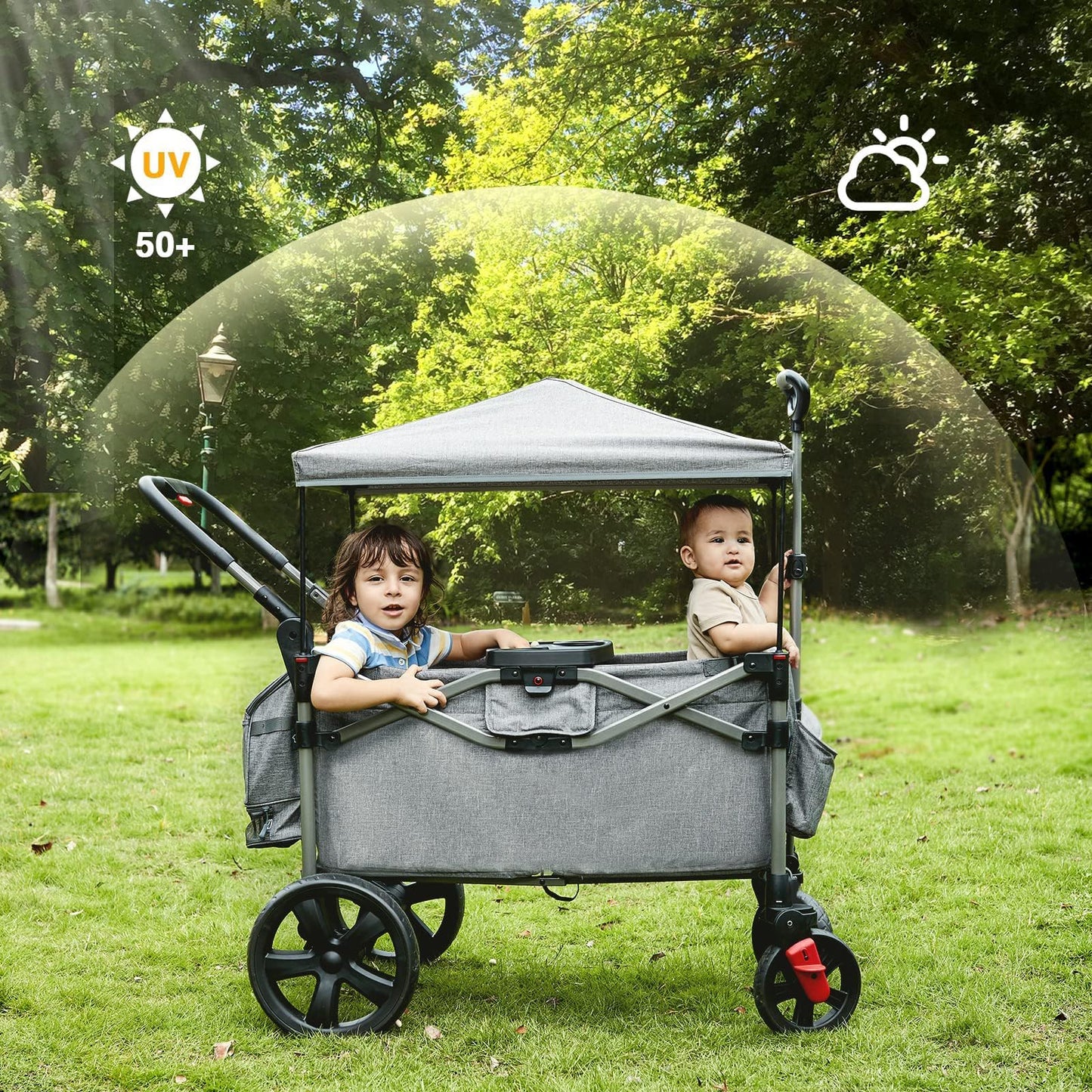 EVER ADVANCED Foldable Wagons for Two Kids & Cargo, Collapsible Folding Stroller with Adjustable Handle Bar,Removable Canopy with 5-Point Harness Gray