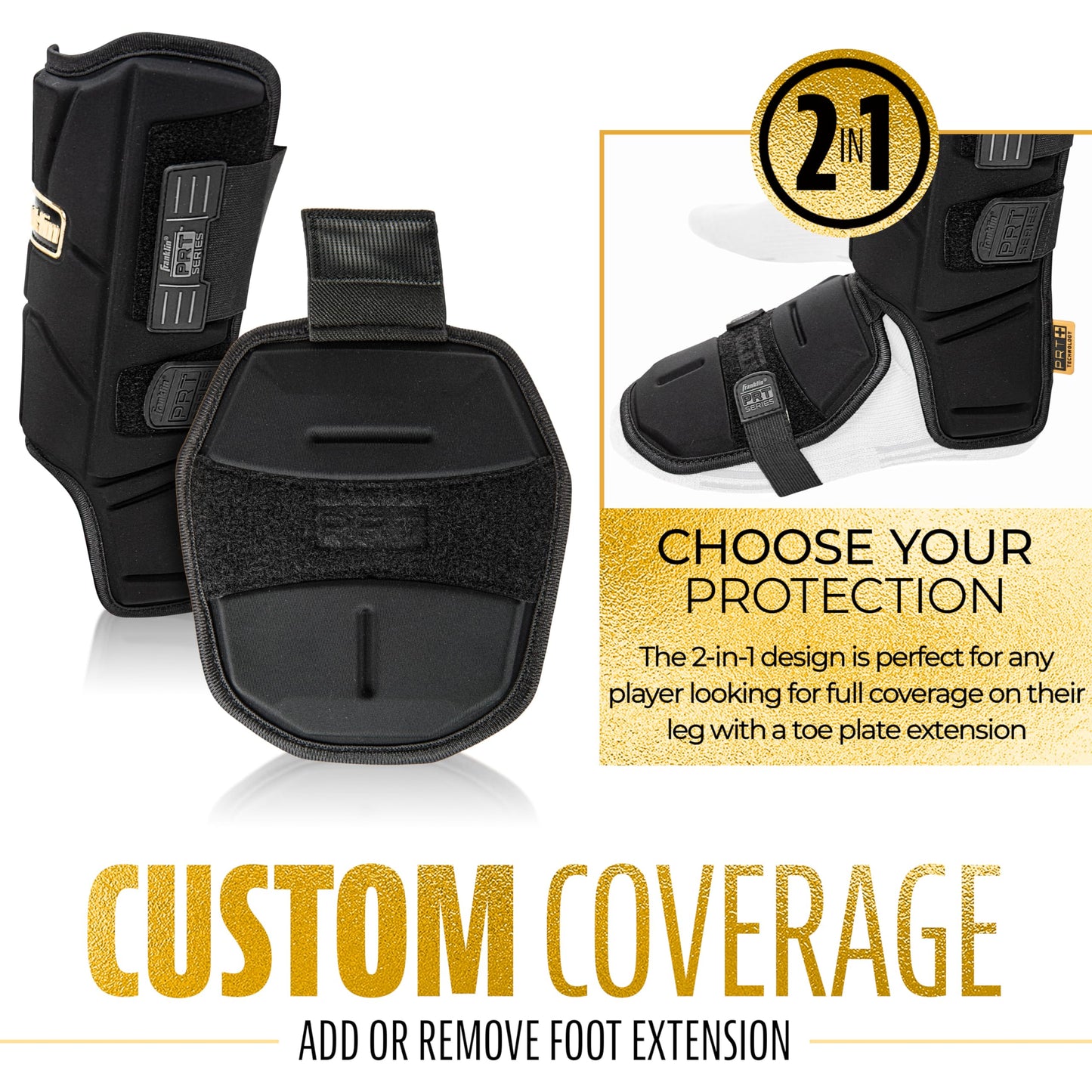 Franklin Sports Baseball + Softball Leg Guard - PRT Series Adult Shin + Foot Shield for Batting - Protective Leg + Ankle Guard with Toe Plate - Right Hand + Left Hand Hitters - Black/Gold - One Size