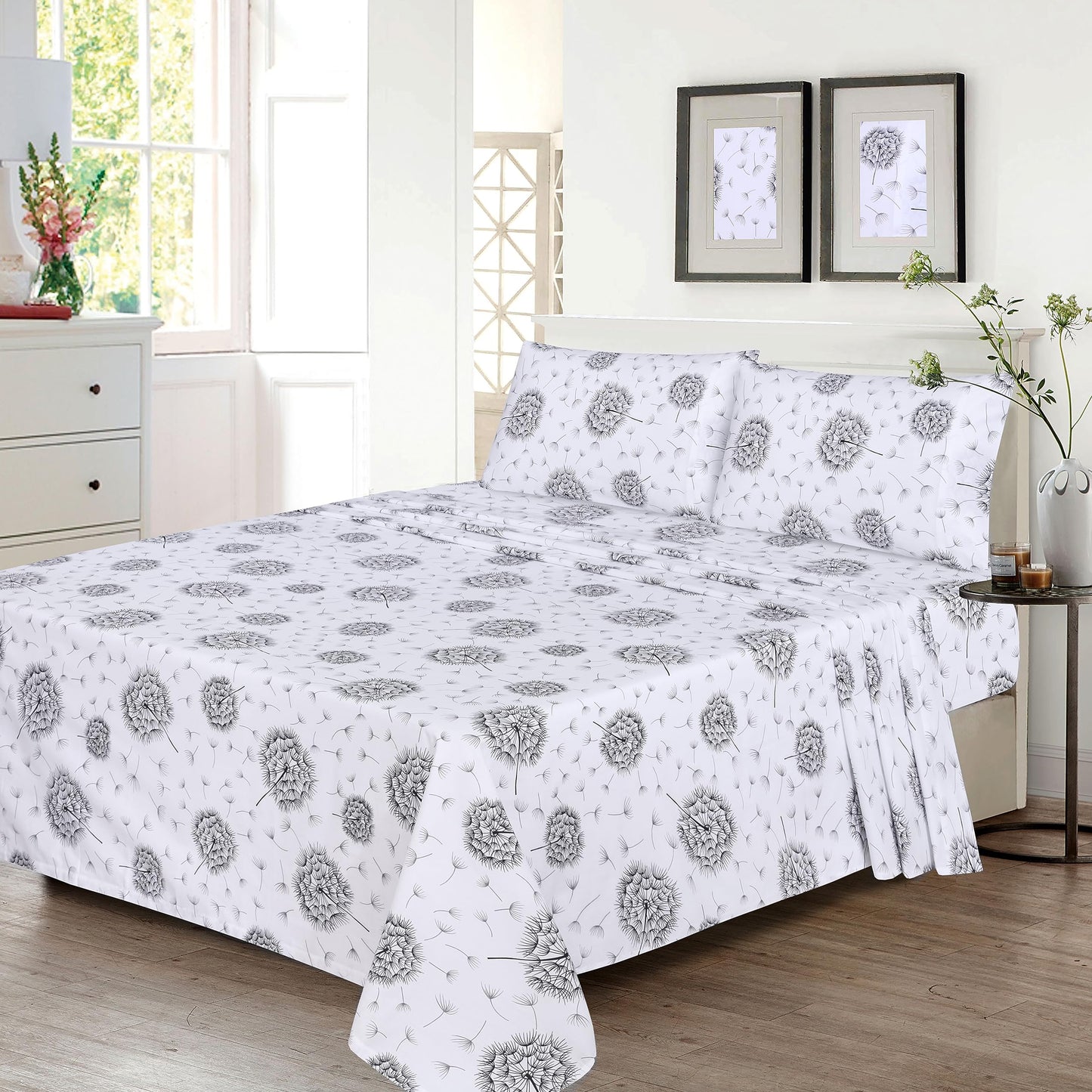 RUVANTI 100% Cotton King Size Sheets Set, 4 Pieces, Soft & Breathable Percale Weave Bedding, Deep Pocket 16", Hotel Standard, Crisp Cool Feel, Durable, Perfect Floral Bed Sheet, Dandelion