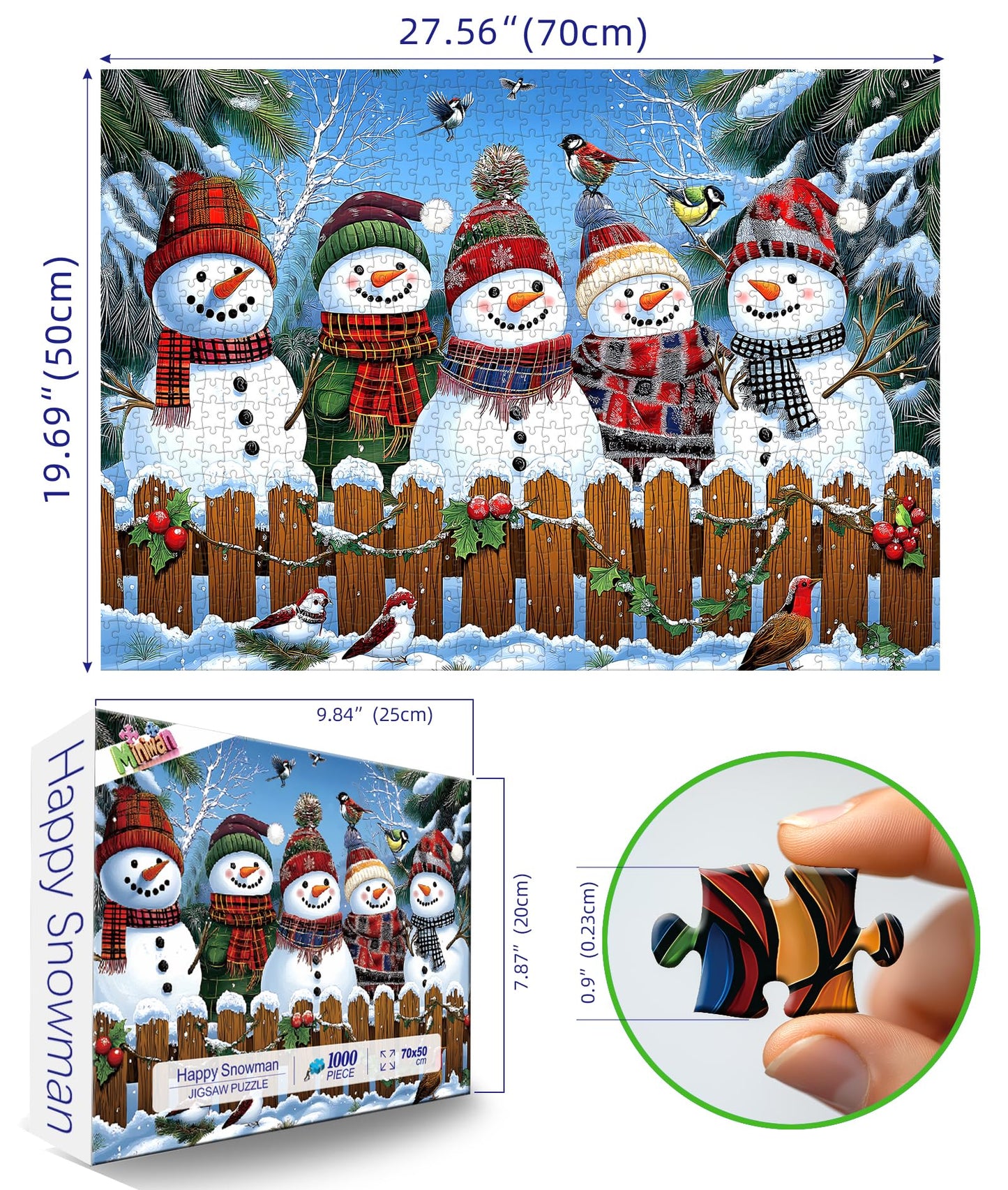 Winter Snowmen Christmas Jigsaw Puzzle 1000 Pieces for Adults Festive Holiday Scene with Birds & Snowy Fence Puzzle with Letters on Back Family Challenge Perfect for Game Night (27.6x19.7 Inch