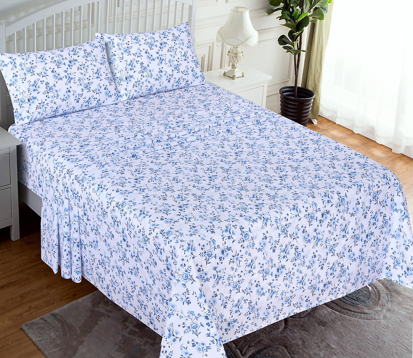 RUVANTI 100% Cotton Sheets – Queen Size Percale Bedding, Cooling & Breathable Floral Design, Durable with a Crisp, Soft & Comfortable Feel, 16" Deep Pocket, 4-Piece Set, Annual