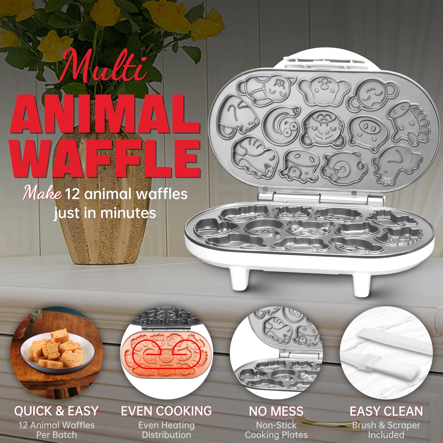SugarWhisk Animal Mini Waffle Maker for Kids, Mini Pancakes Maker Machine with 12 Different Animal Pancake Molds, Small Waffle Maker Iron, Excellent Christmas Gift for Kids & Adult