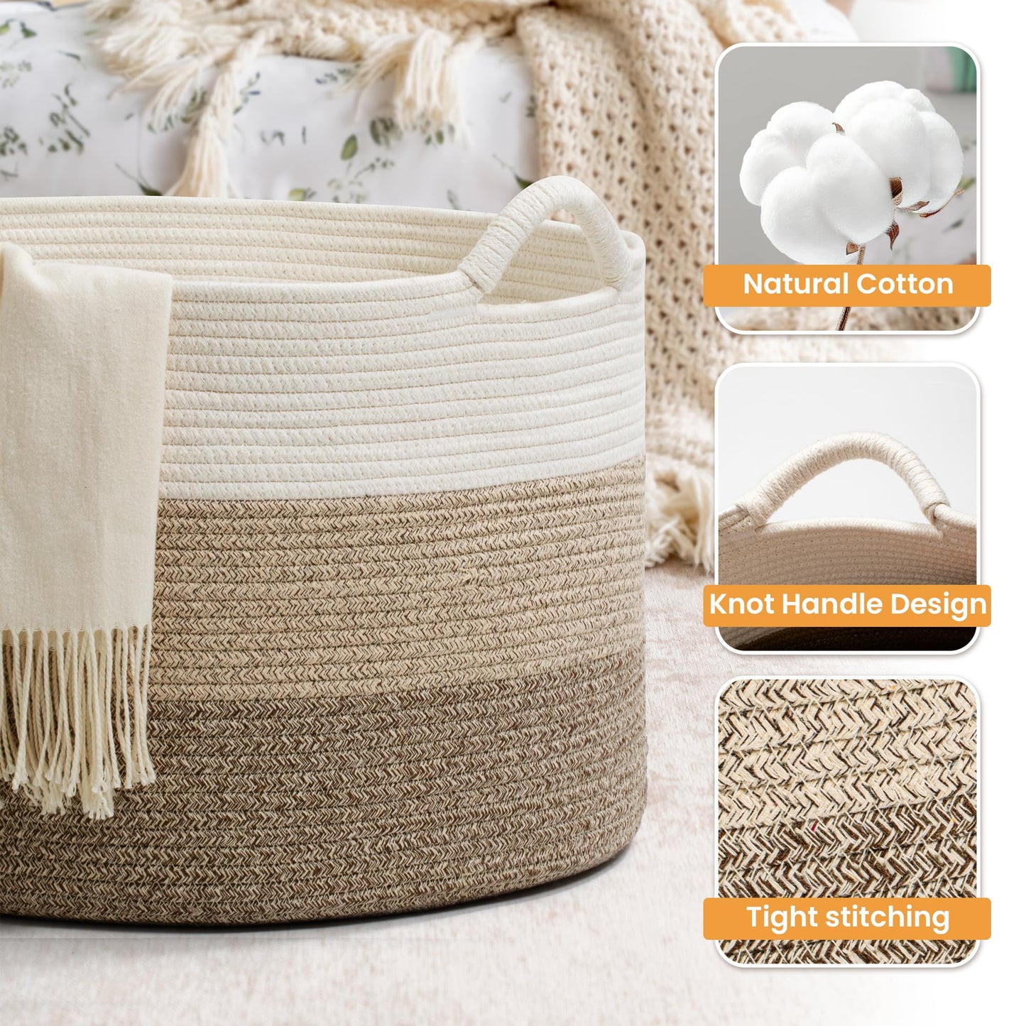 Large Woven Cotton Rope Storage Basket with Handles - Modern Round Laundry Hamper & Blanket Organizer for Nursery, Bedroom, Baby Toys, Pillows, Home Décor, 20"x13"