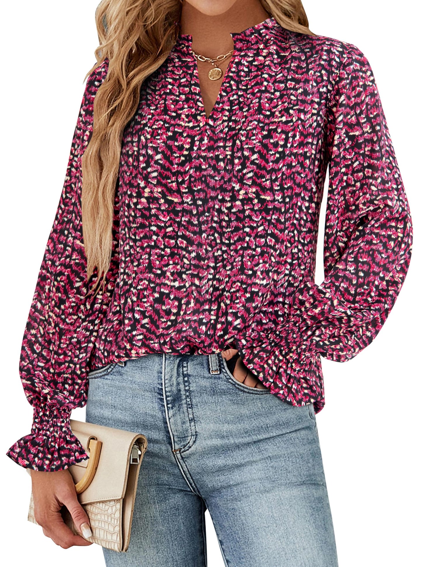 MASCOMODA Womens V Neck Floral Long Sleeve Tops 2024 Summer Casual Loose Puff Sleeve Chiffon Boho Work Blouse Dressy T Shirts(Floral Black Red,Small)