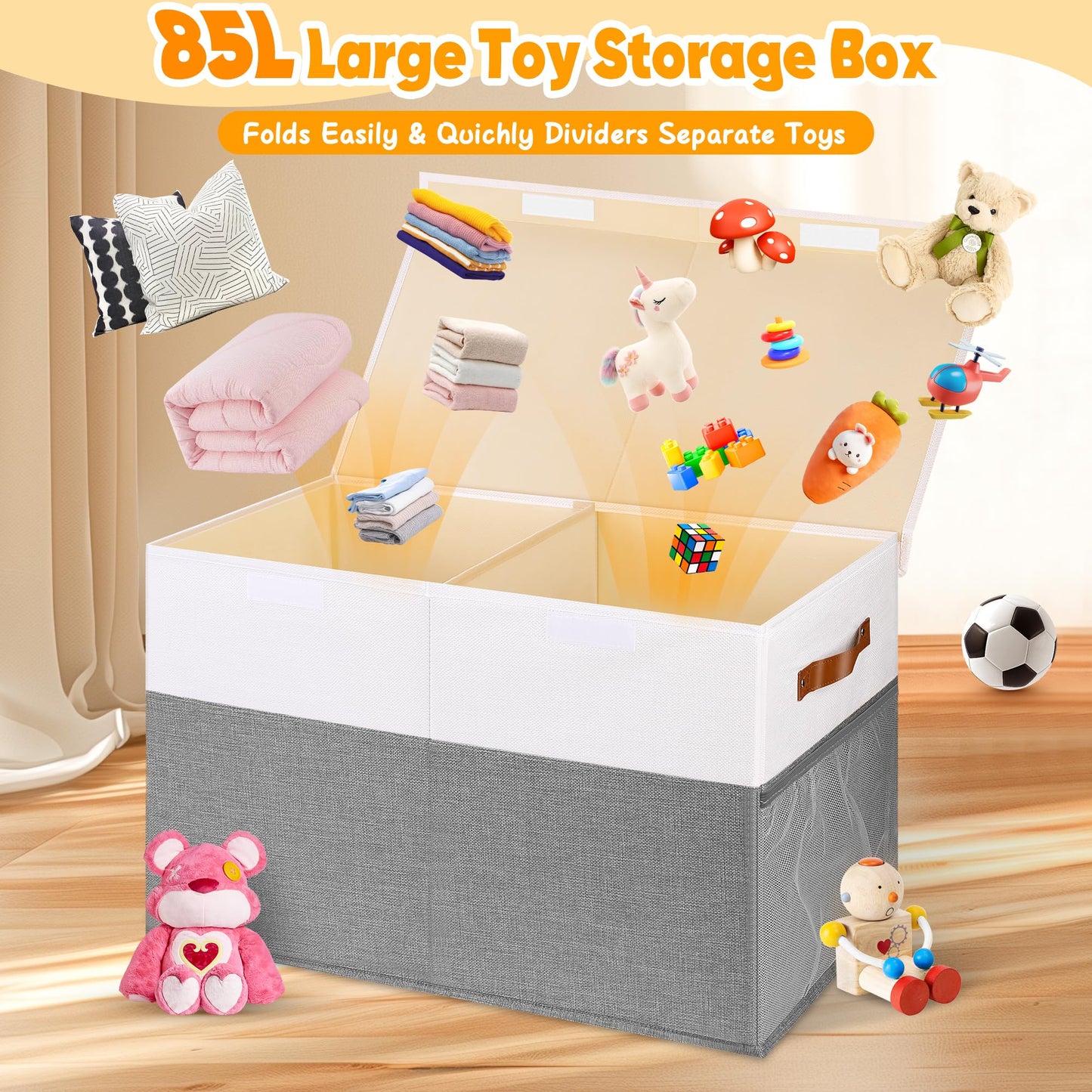 Mabahoo Large Toy Box, Collapsible Sturdy Storage Chest With Lids, Kids Toy Chest Storage Organizer Toddler Bin Boxes for Living Room, Bedroom, Nursery, 25"x13"x16", White & Gray