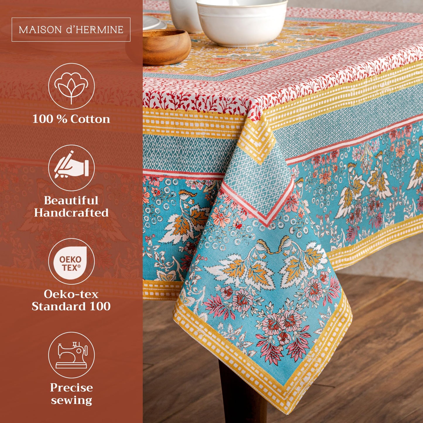 Maison d'Hermine Table Cloth Rectangle Table 100% Cotton Tablecloth for Dining Room, Farmhouse, Home, Hotel, Parties & Wedding - Ideal for Easter Decorations Spring & Summer (Marquise, 70" x 120")