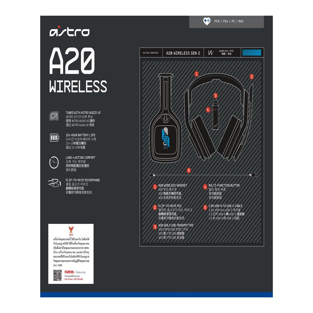 A20 Wireless Headset Gen 2 for PlayStation 5, PlayStation 4, PC & Mac - White/Blue