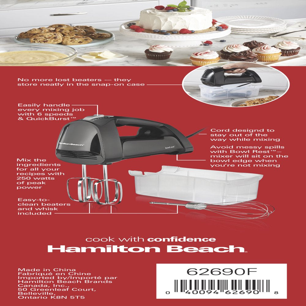 Hamilton Beach 6 Speed Hand Mixer, Quick Burst, Storage Case, Black, 62690