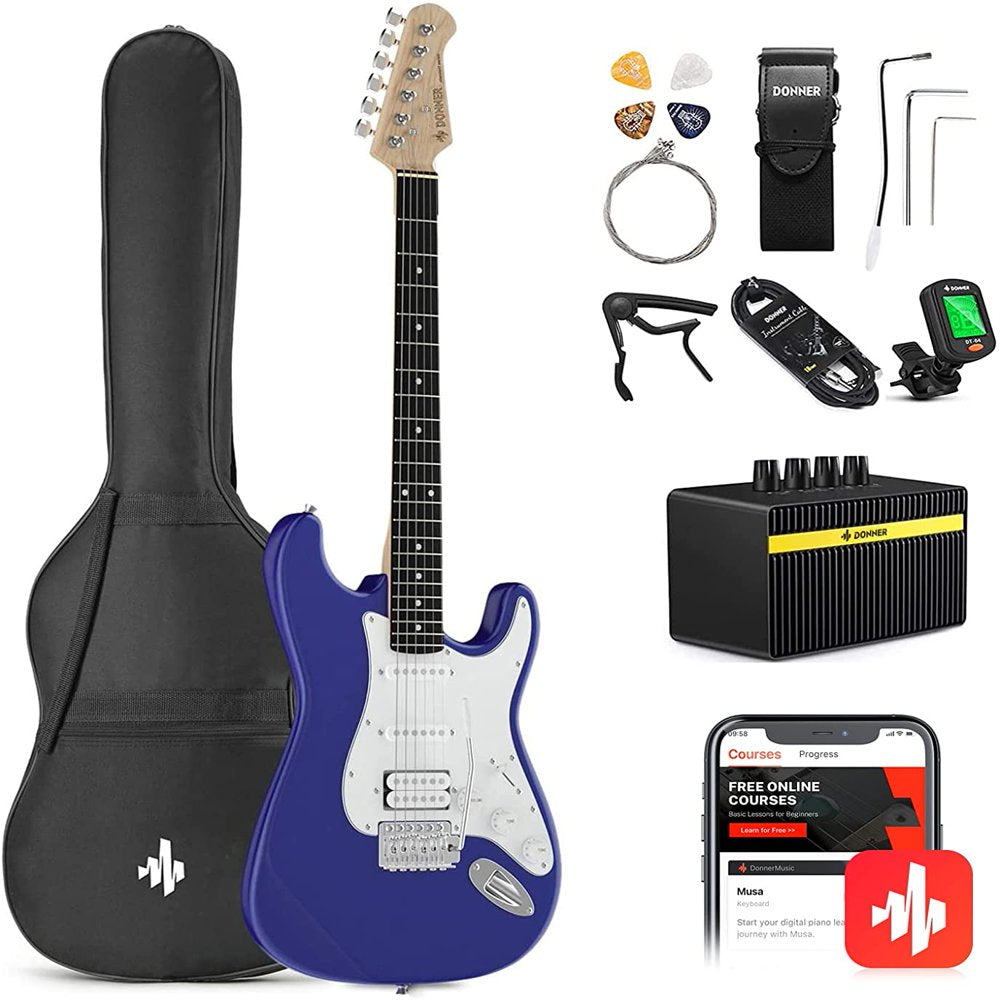 39" Electric Guitar Beginner Kit Solid Body Full Size HSS for Starter, with Amplifier, Bag, Digital Tuner, Capo, Strap, String, Cable, Picks, Black