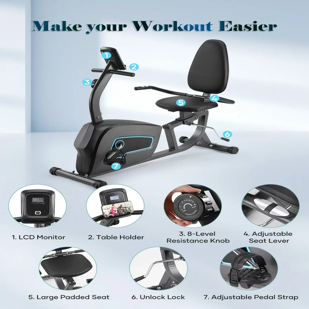 Maxkare Exercise Bike Indoor Recumbent Stationary Exercise Bike with Adjustable Seat and Resistance Pulse (Seat Height Adjustment by Lever) Max Weight 300 lbs