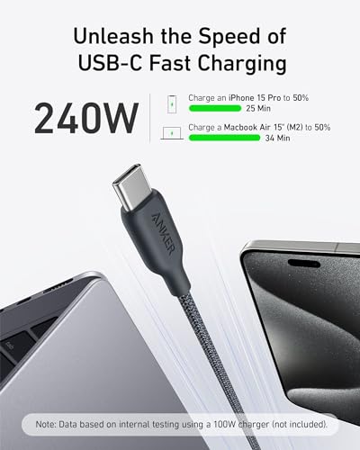 Anker USB C to C Cable (240W, 3 ft), Bio-Braided Fast Charge Cable for iPhone 15/15 Pro, MacBook Pro 2020, iPad Pro 2020, iPad Air 4, Samsung Galaxy S23+/S23 Ultra,(Phantom Black)