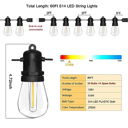 60FT LED Outdoor String Lights, S14 (30FT*2) Patio String Lights for Outside with Shatterproof E12 LED Bulbs, Weatherproof LED Outdoor Lights for Patio Backyard Porch Garden Bistro Cafe Party Decor
