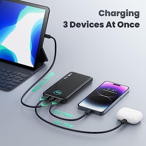 Portable Charger 10800mah,Ultra Slim 22.5W LCD Display Power Bank,Dual QC 4.0 PD USB C Fast Charging Battery Pack,3 Outputs Portable Phone Charger Compatible With Iphone Samsung Android Phone etc