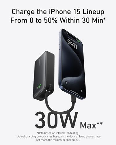 Anker Nano Power Bank, 10,000mAh Portable Charger with Built-in USB-C Cable, PD 30W Max Output with 1 USB-C, 1 USB-A, Compatible for iPhone 15/15 Plus/15 Pro/15 Pro Max, MacBook, Galaxy, iPad