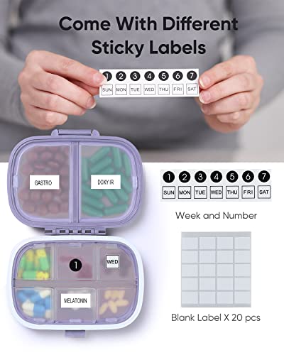 Holii Travel Pill Organizer, 8 Compartments Portable Pill Case, Daily Pill Box to Hold Vitamins, Small Pill Container for Pocket Purse Medicine Organizer(Purple)