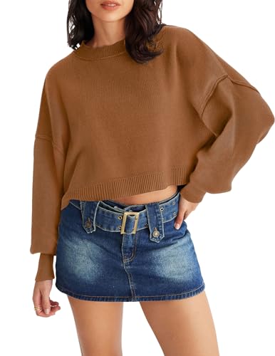 MEROKEETY Womens Cropped Sweaters Causal Crewneck Batwing Sleeve Knit Top Side Split Oversized Pullover Sweater Jumper Brown Large