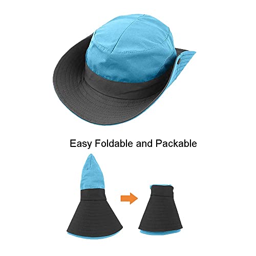 Womens Summer Sun-Hat Outdoor UV Protection Fishing Hat Wide Brim Foldable-Beach-Bucket-Hat with Ponytail-Hole SkyBlue