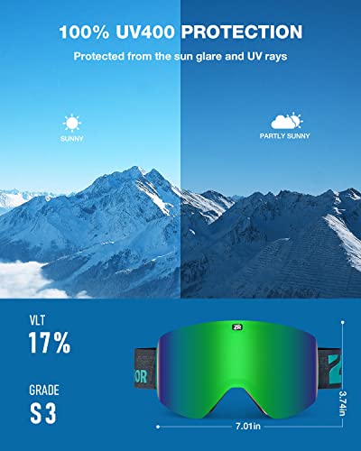 ZIONOR X11 Ski Snowboard Snow Goggles with Magnetic Interchangeable Cylindrical Lens Anti-fog UV Protection for Men Women Adult (Grey Revo Green Lens)